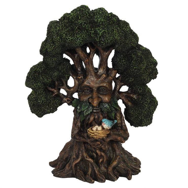Large Green Man Ornament holding a birds nest with blue bird and eggs