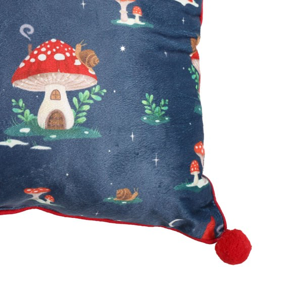 Square Gnome Print Cushion with Pom Poms corner close up