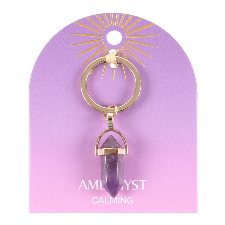 Amethyst Crystal Keyring on card saying calming