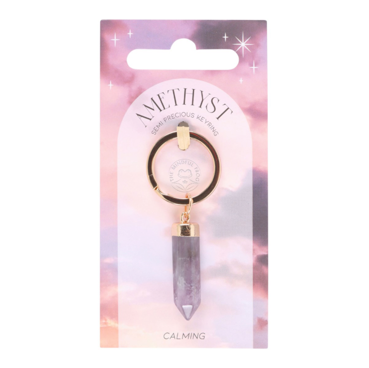 Amethyst Semi Precious Crystal Keyring on card stating calming