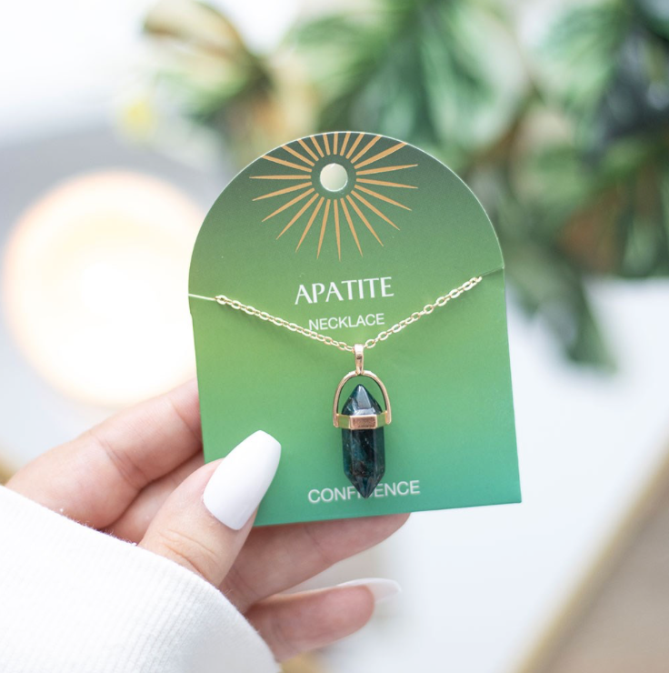 Apatite Crystal Pendant Necklace on display card