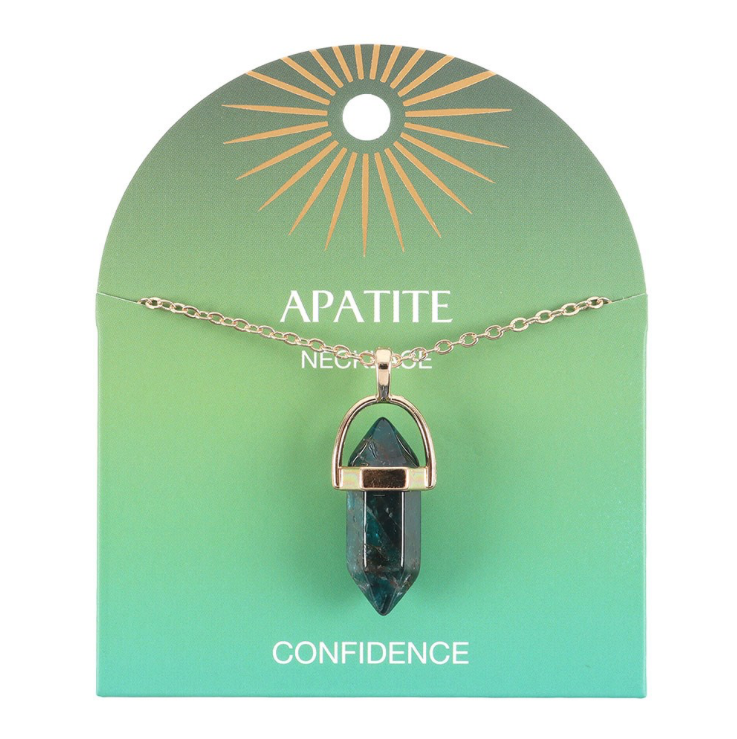 Apatite Crystal Pendant Necklace with gold coloured chain on card that states confidence