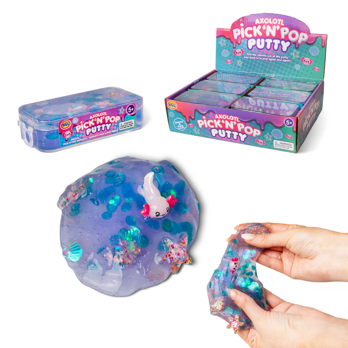 Axolotl Pick 'N' Pop Putty with packaging and a hand holding the putty.