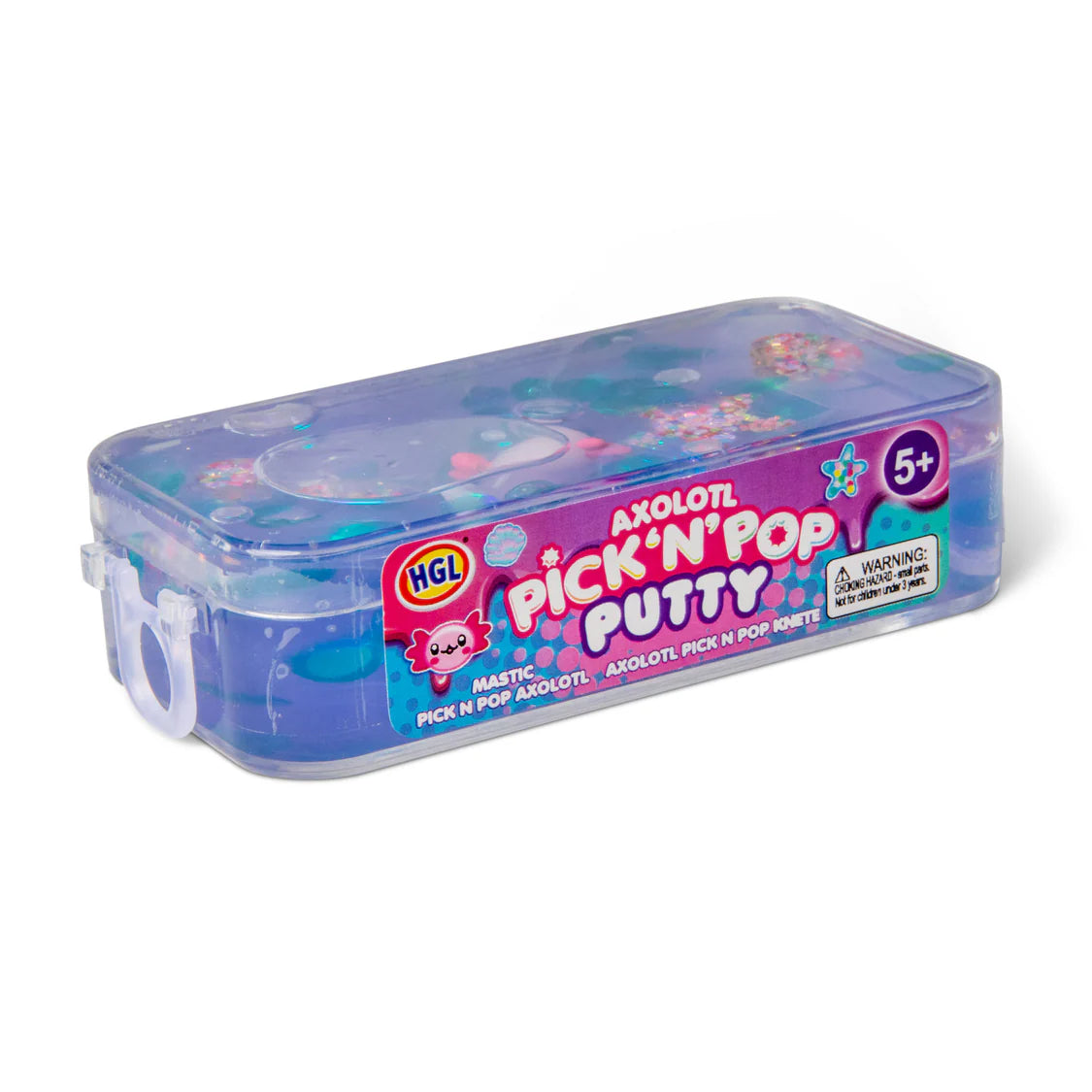 Axolotl Pick 'N' Pop Putty container with blue and pink design on a white background
