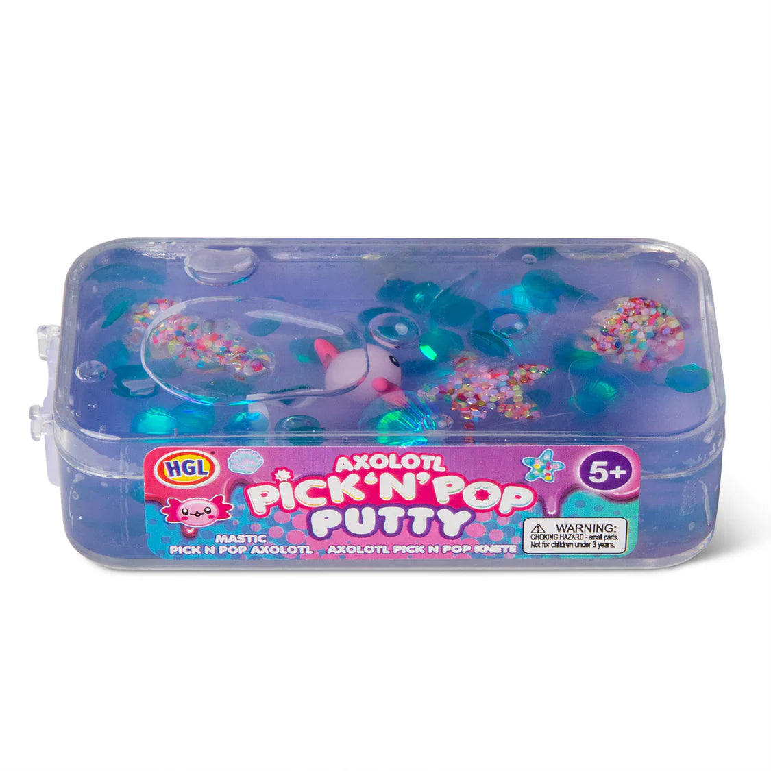 Axolotl Pick 'N' Pop Putty toy in a clear container with a purple lid on a white background