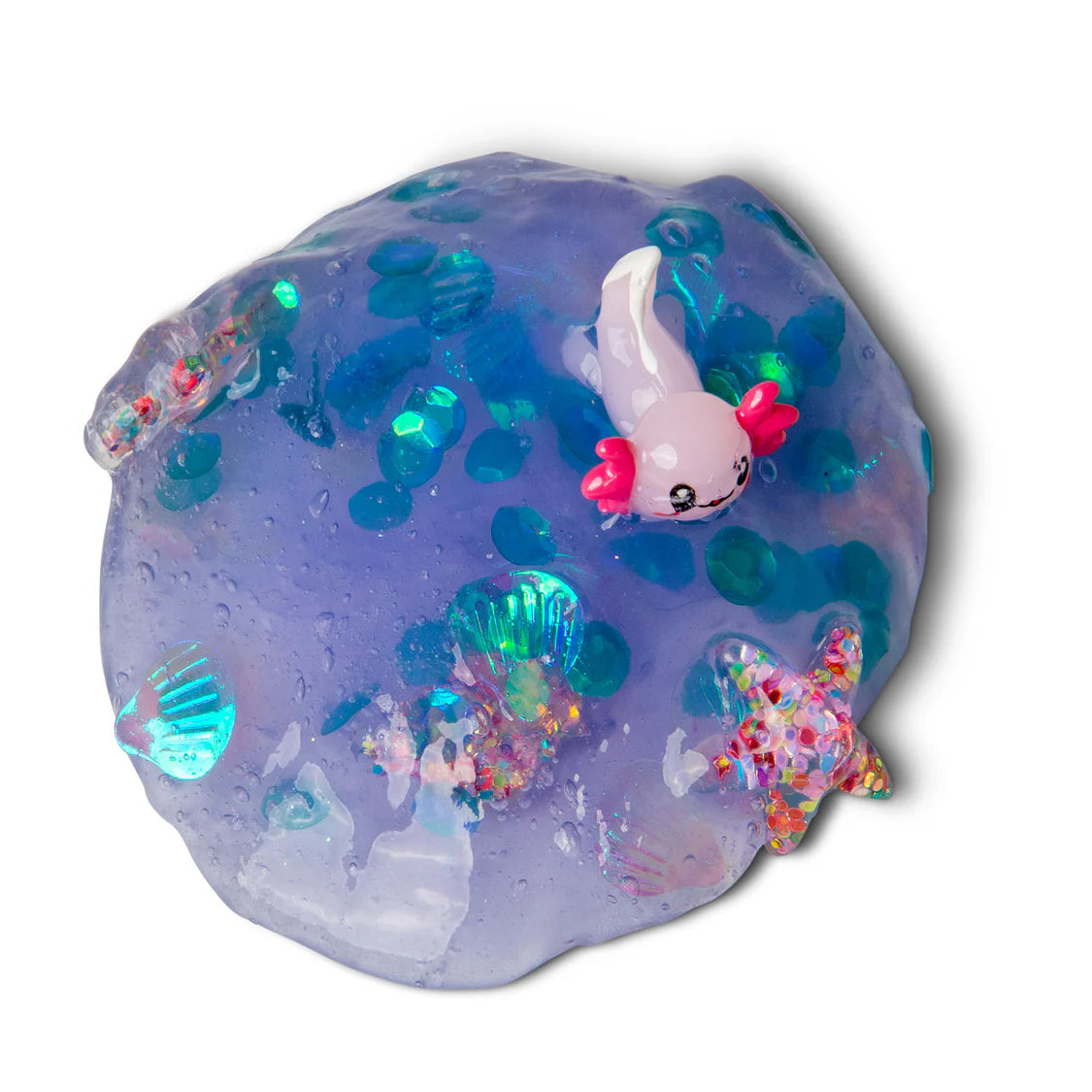 Purple slime with a small toy and colourful glitter on a white background