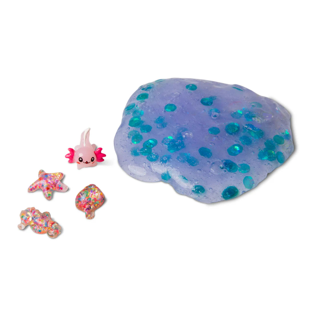 Purple slime with blue glittery beads and small colorful figurines on a white background