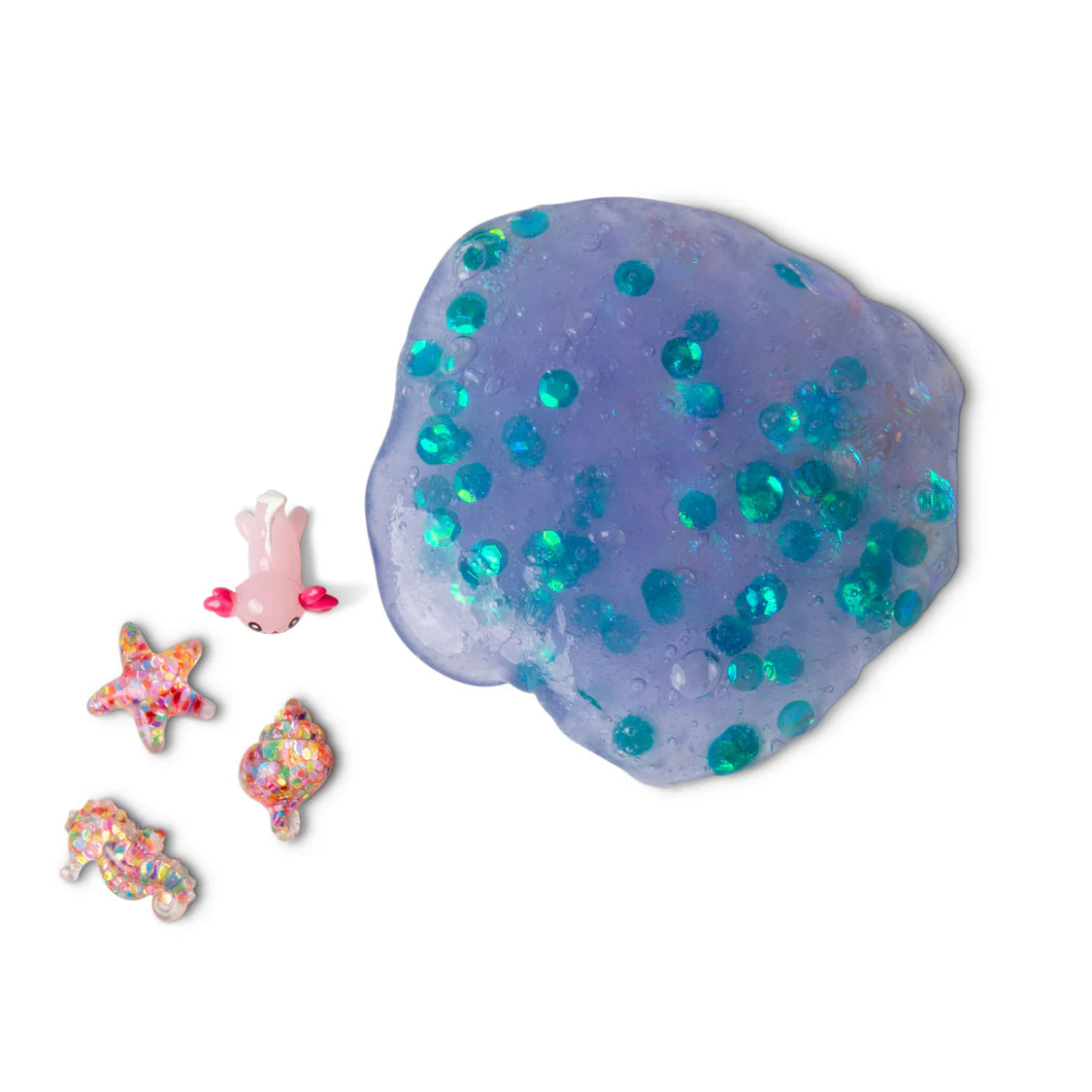 Purple slime with blue glitter and small figurines on a white background