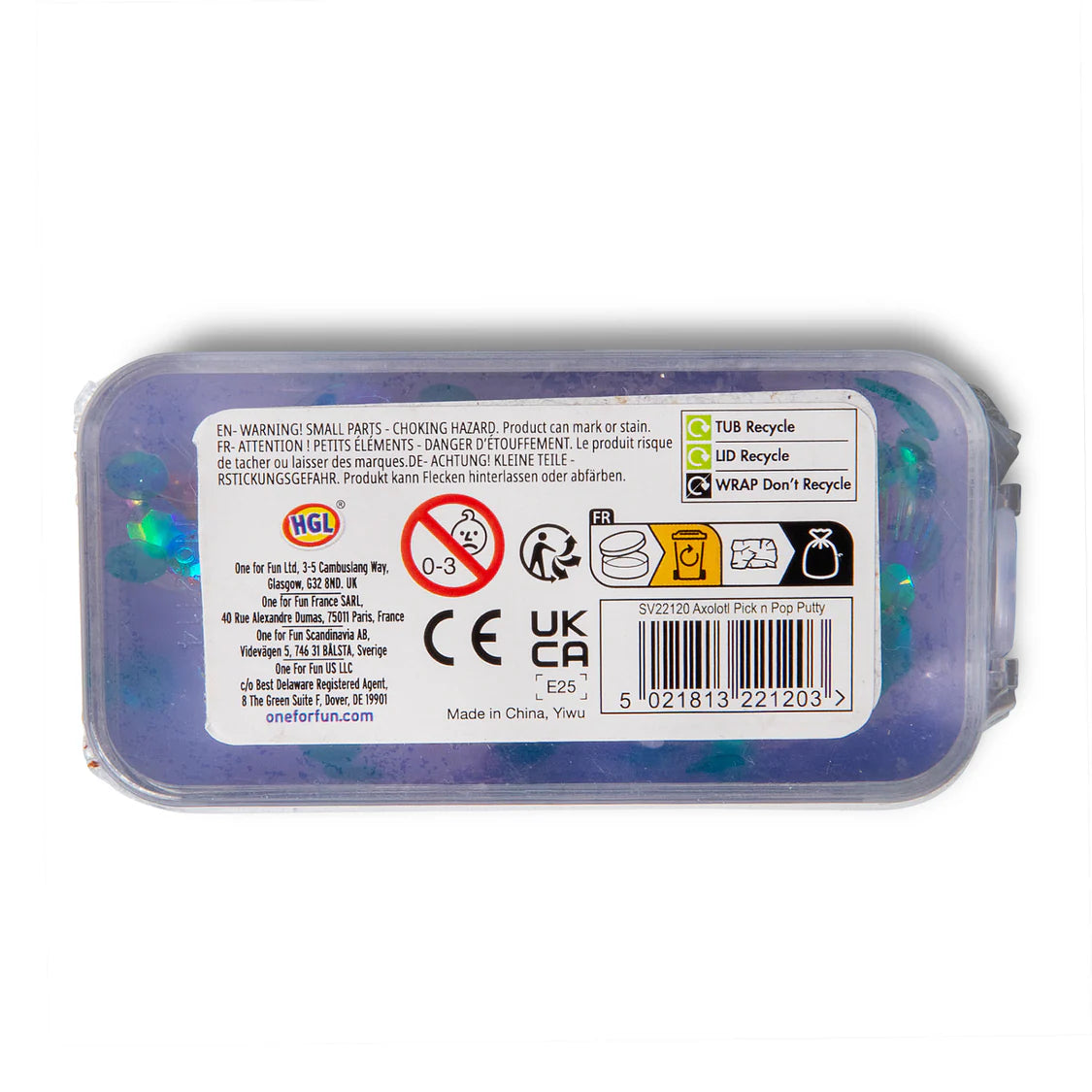 Back view of a container with labels and icons on a white background