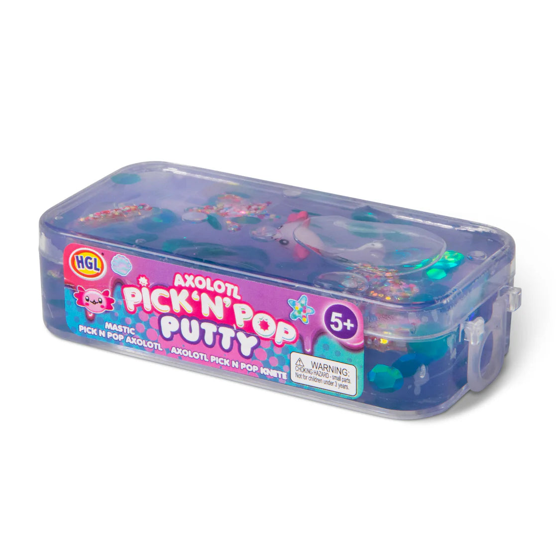 Axolotl Pick 'N' Pop Putty container with colorful axolotls on a white background