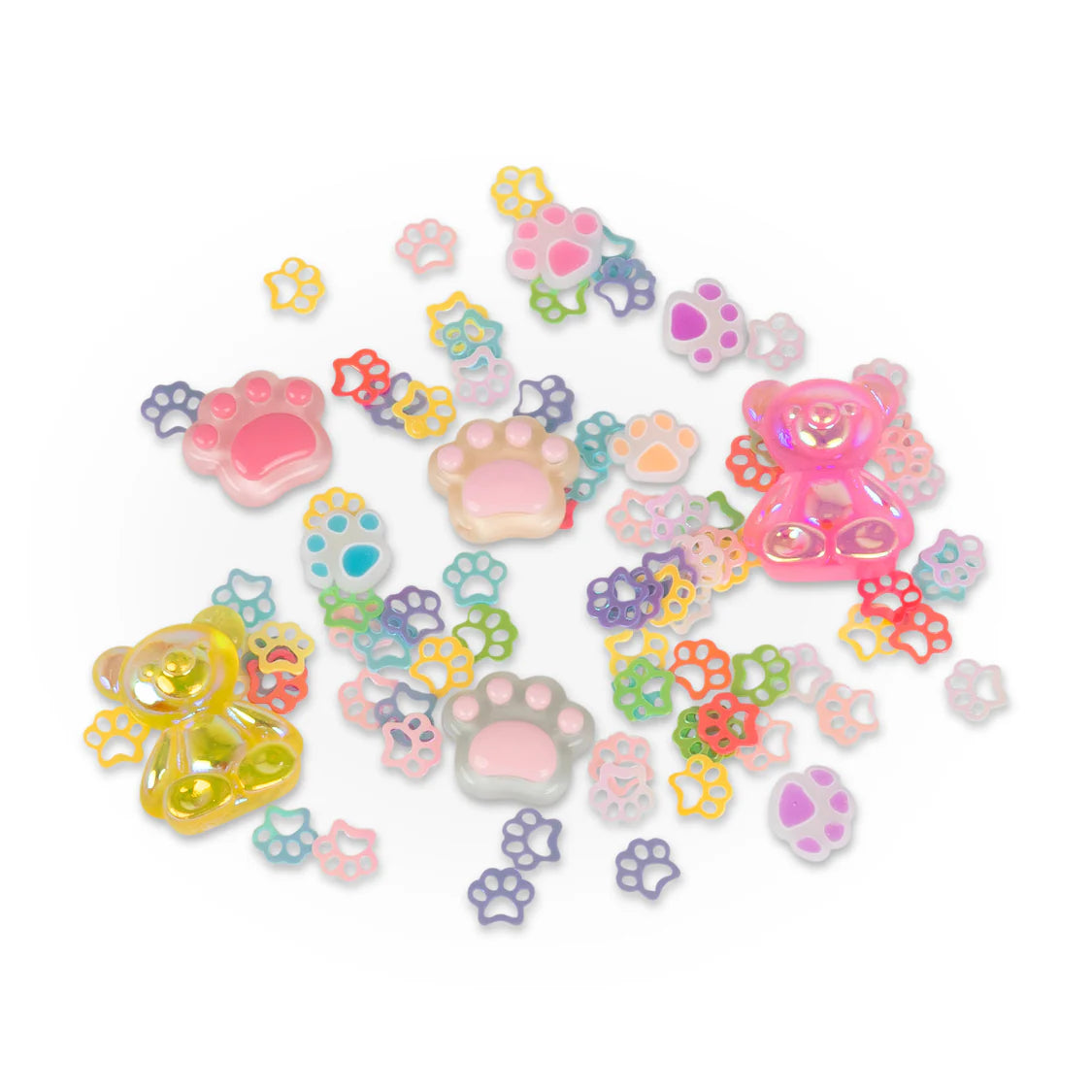 Assorted colorful plastic charms including paw prints and teddy bears on a white background