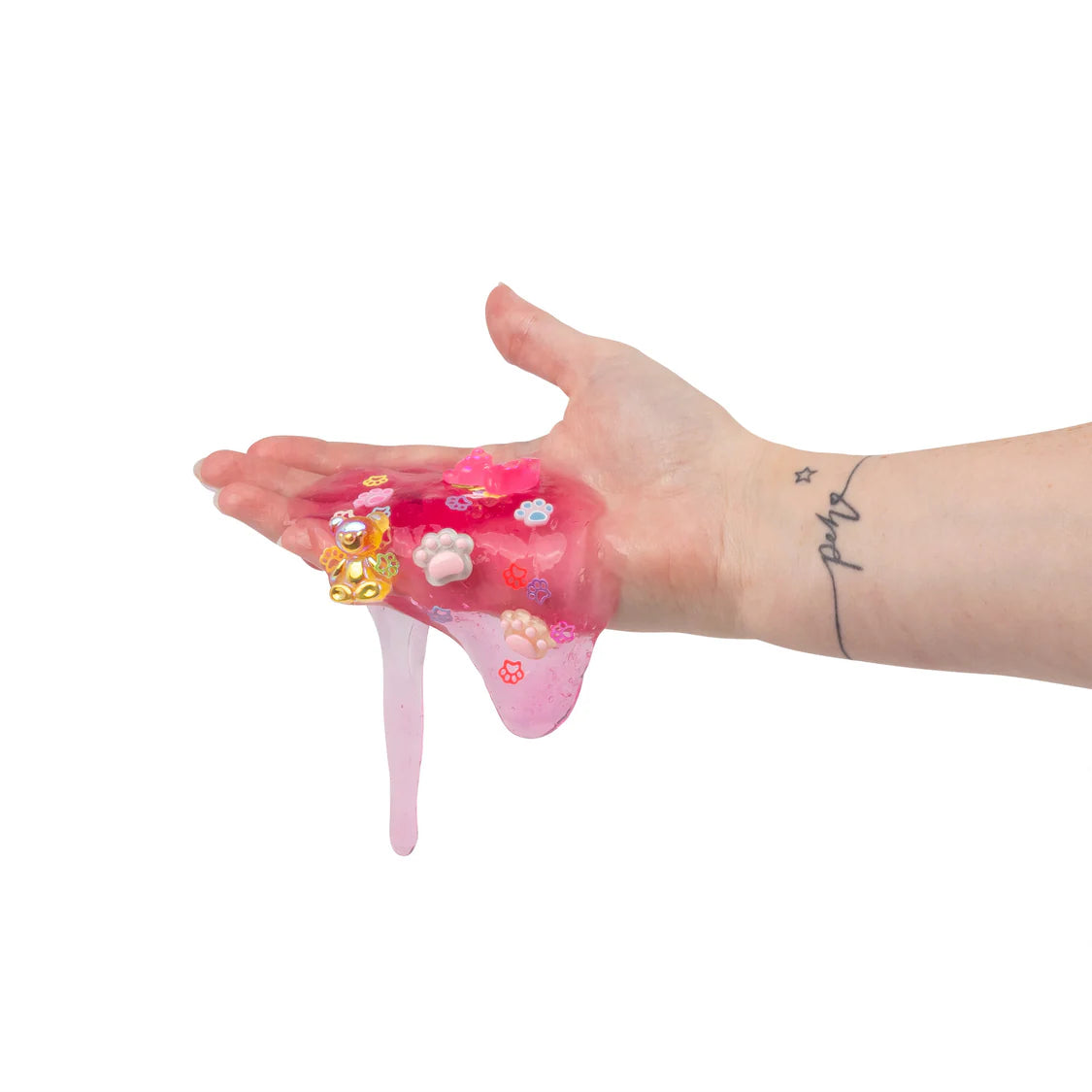 Hand with pink gooey substance dripping from it on a white background