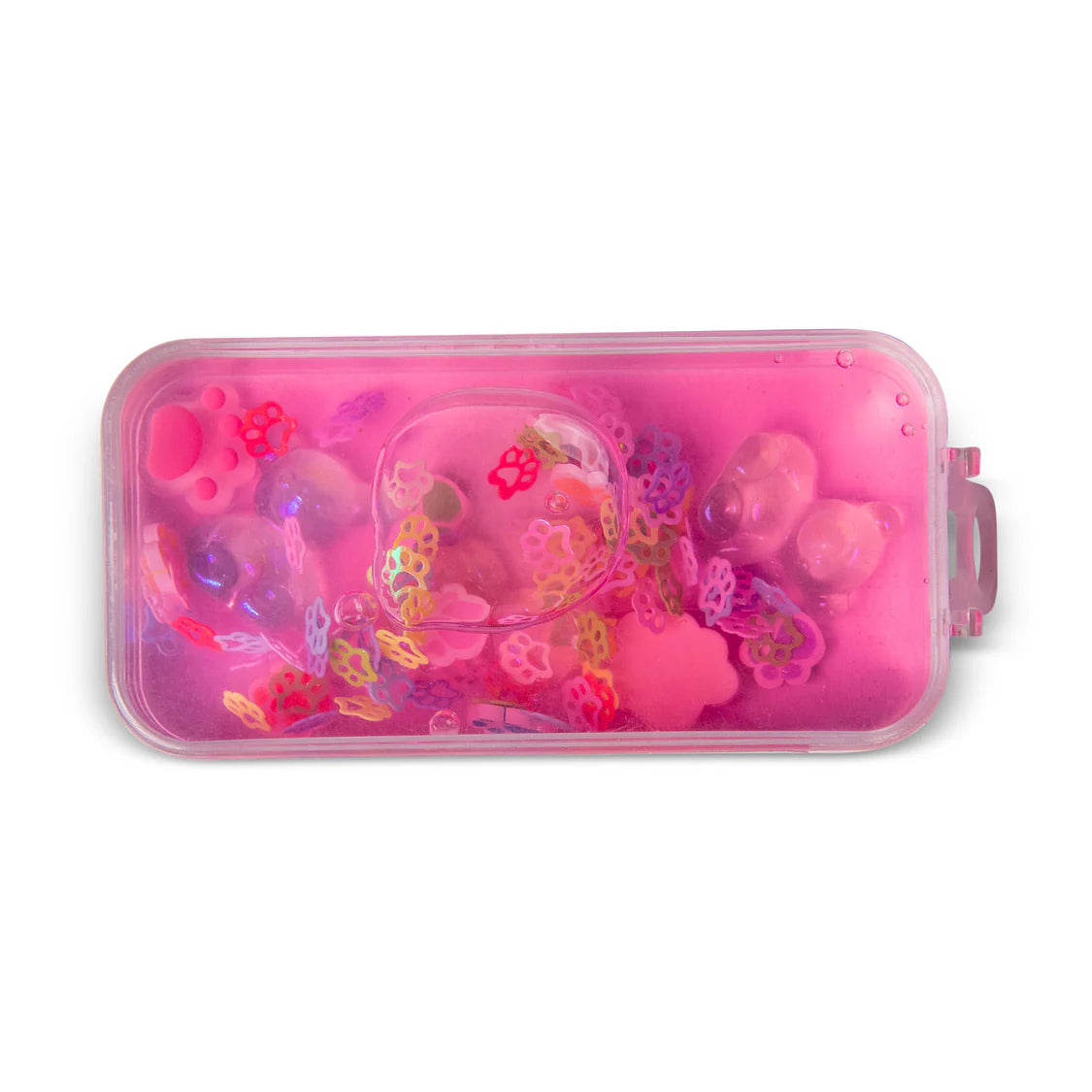 Pink toy set in a clear container on a white background