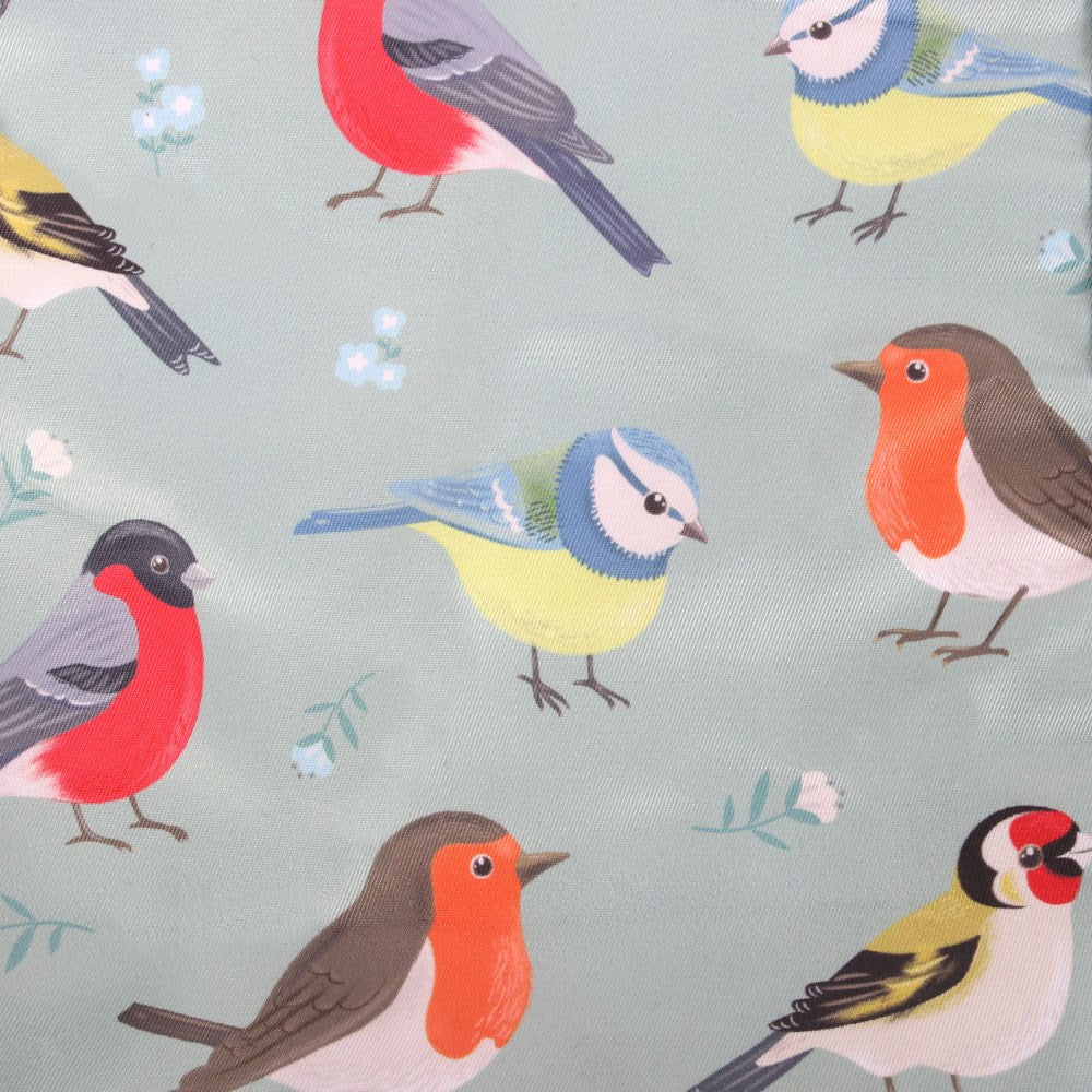 Pattern of colourful birds on a light blue gray background