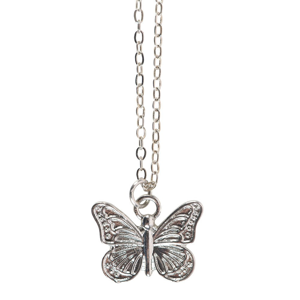Silver butterfly pendant necklace on a white background
