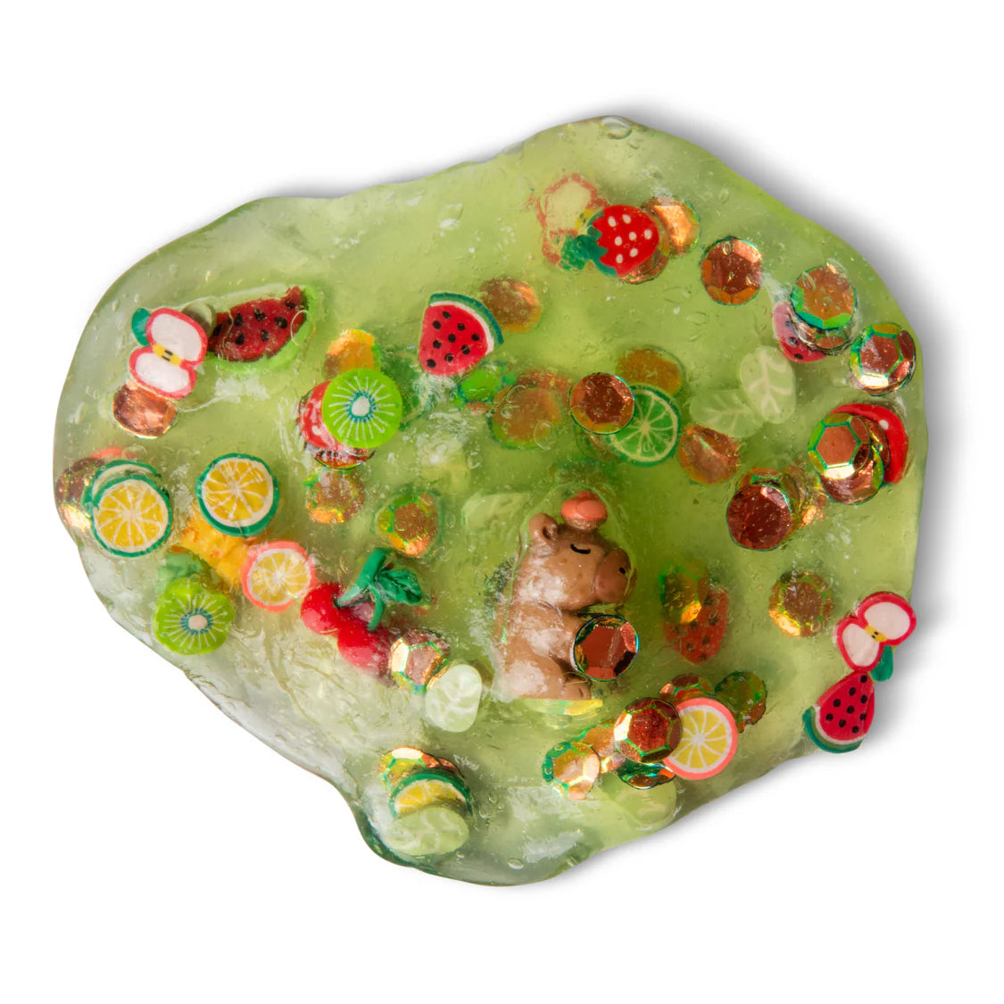 Green slime with fruit-themed decorations on a white background