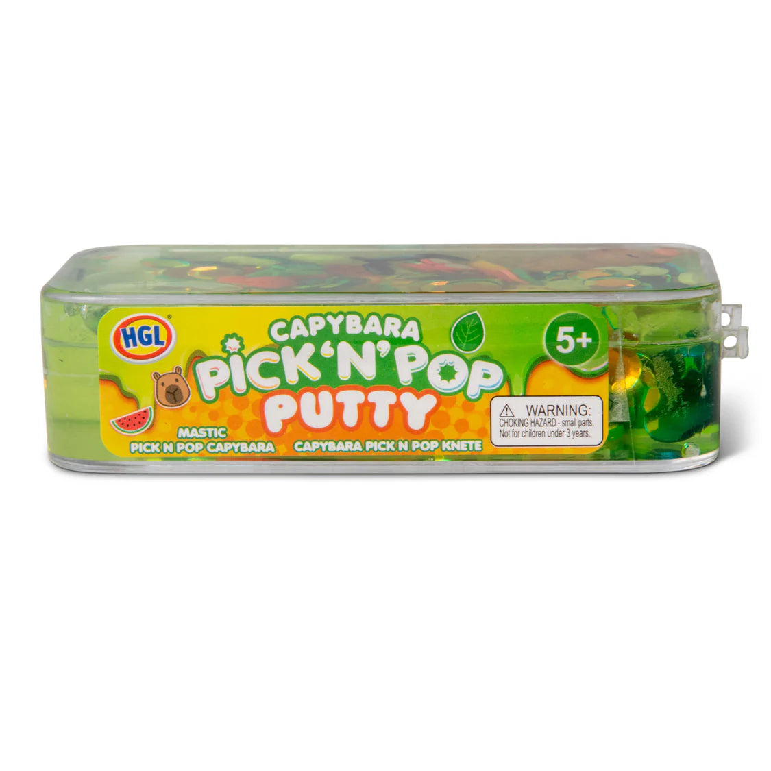 Capybara Pick 'N' Pop Putty packaging with green lid and yellow label on a white background