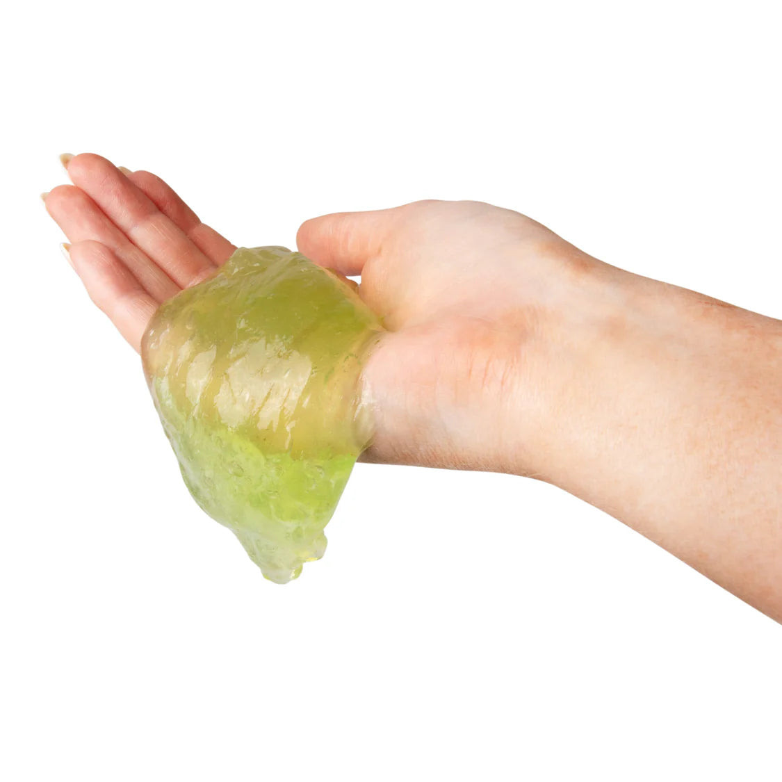 Hand holding a clump of green putty against a white background