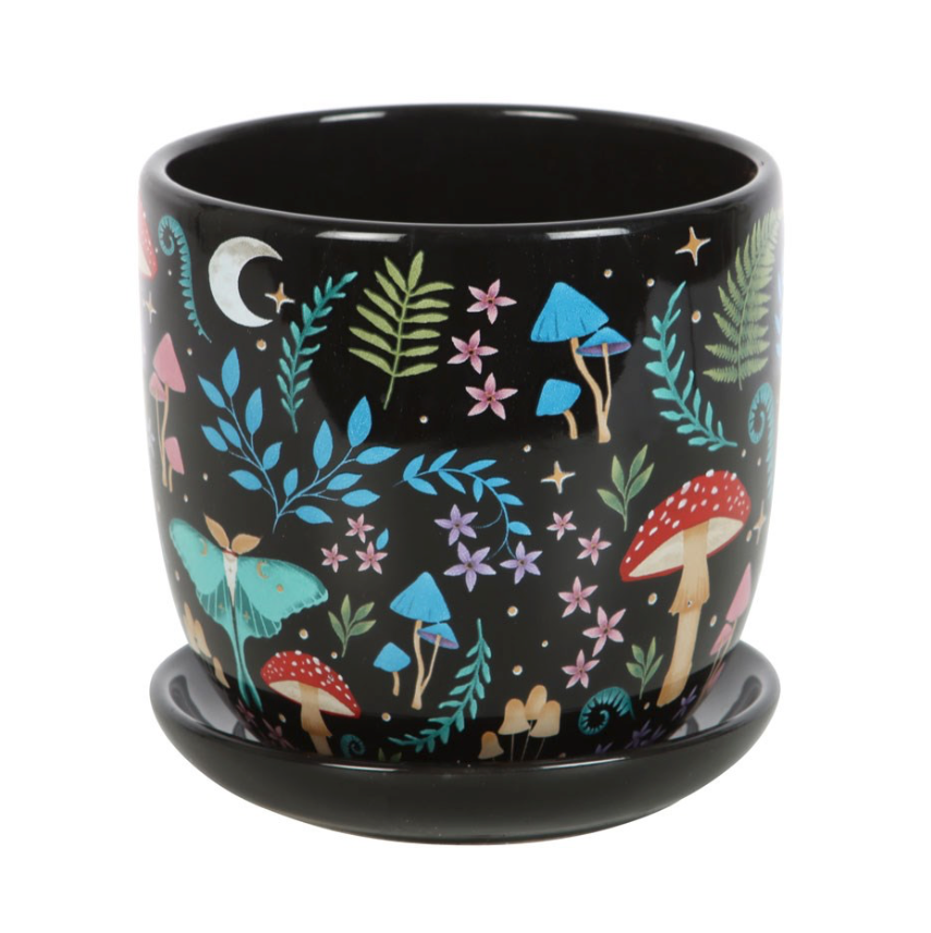 Dark Forest Print Ceramic Plant Pot with Saucer mushrooms, luna moth, stars and fauna and flowers on black pot