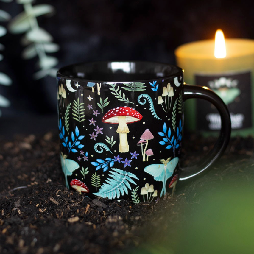 Dark forest all over print mug mushrooms, toadstools, luna moth and ferns on black background