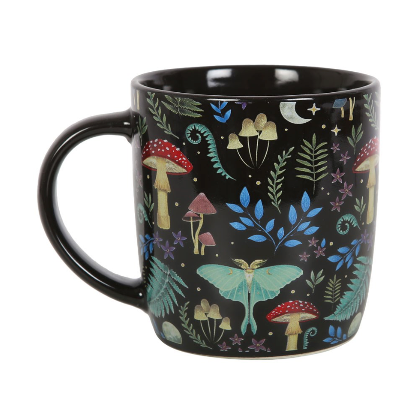 Dark forest all over print mug toadstools, luna moth and ferns on black background