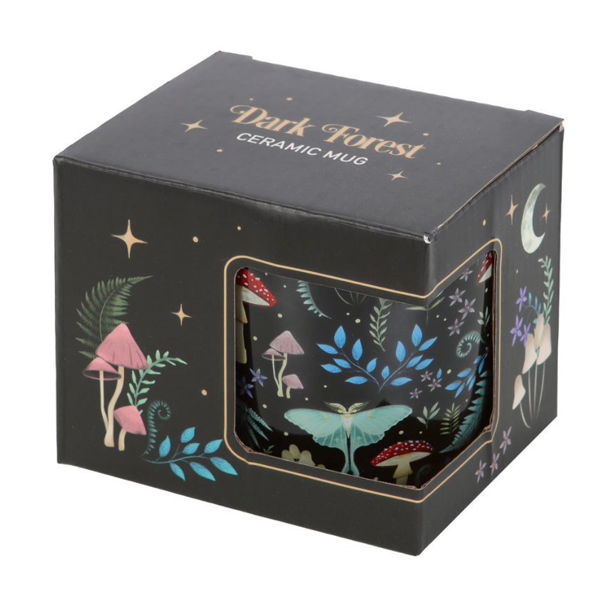 Dark forest all over print mug mushrooms, toadstools, luna moth and ferns on black background box front