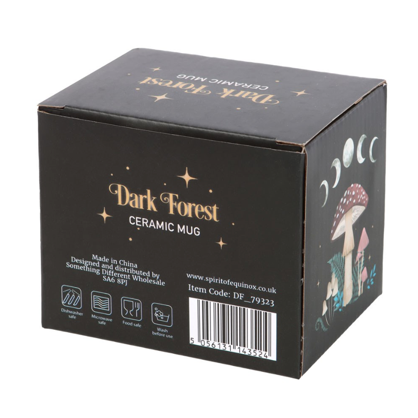 Dark forest all over print mug mushrooms, toadstools, luna moth and ferns on black background box back