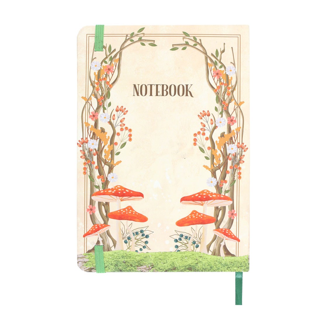 Notebook with mushroom and floral design on a white background