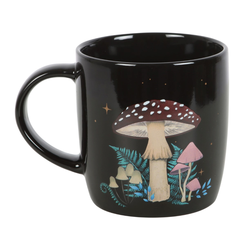 black forest mushroom mug with red, cream and pink mushrooms side view