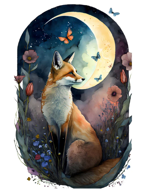 Fox Greeting Card. Moon Fox by Amanda Skipsey. A fox with a half moon in the background surrounded by flowers.