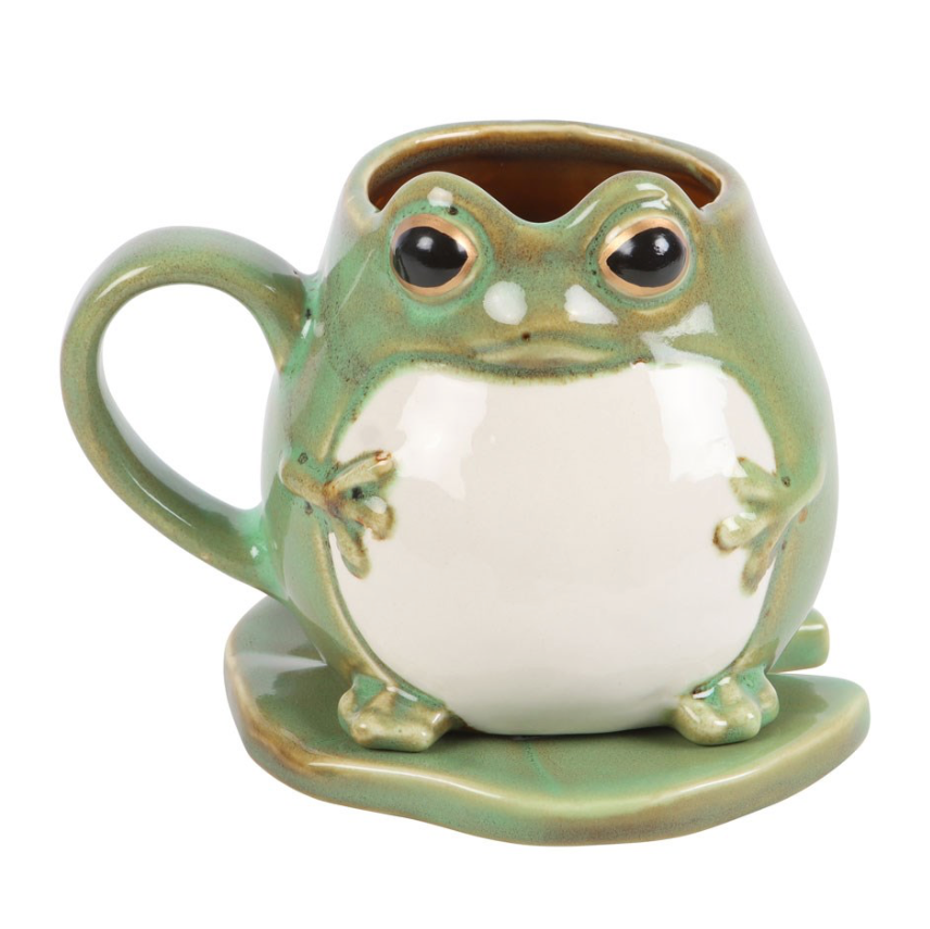 Frog Shaped Mug and Lily Pad Saucer front view