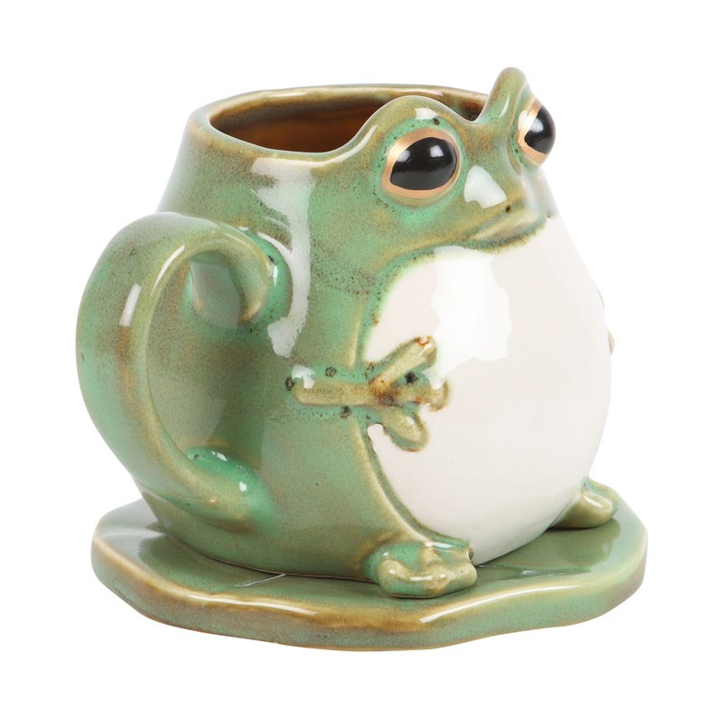 Frog Shaped Mug and Lily Pad Saucer side view