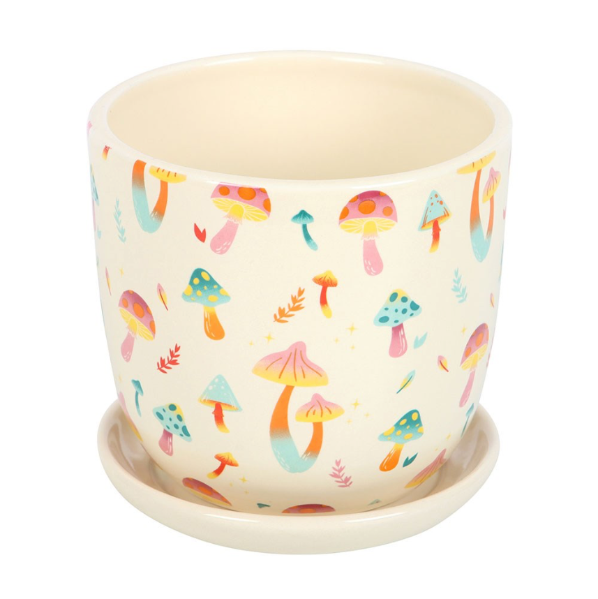 Funky Fungi Mushroom Print Plant Pot with Saucer pink blue orange and yellow toadstool on cream pot