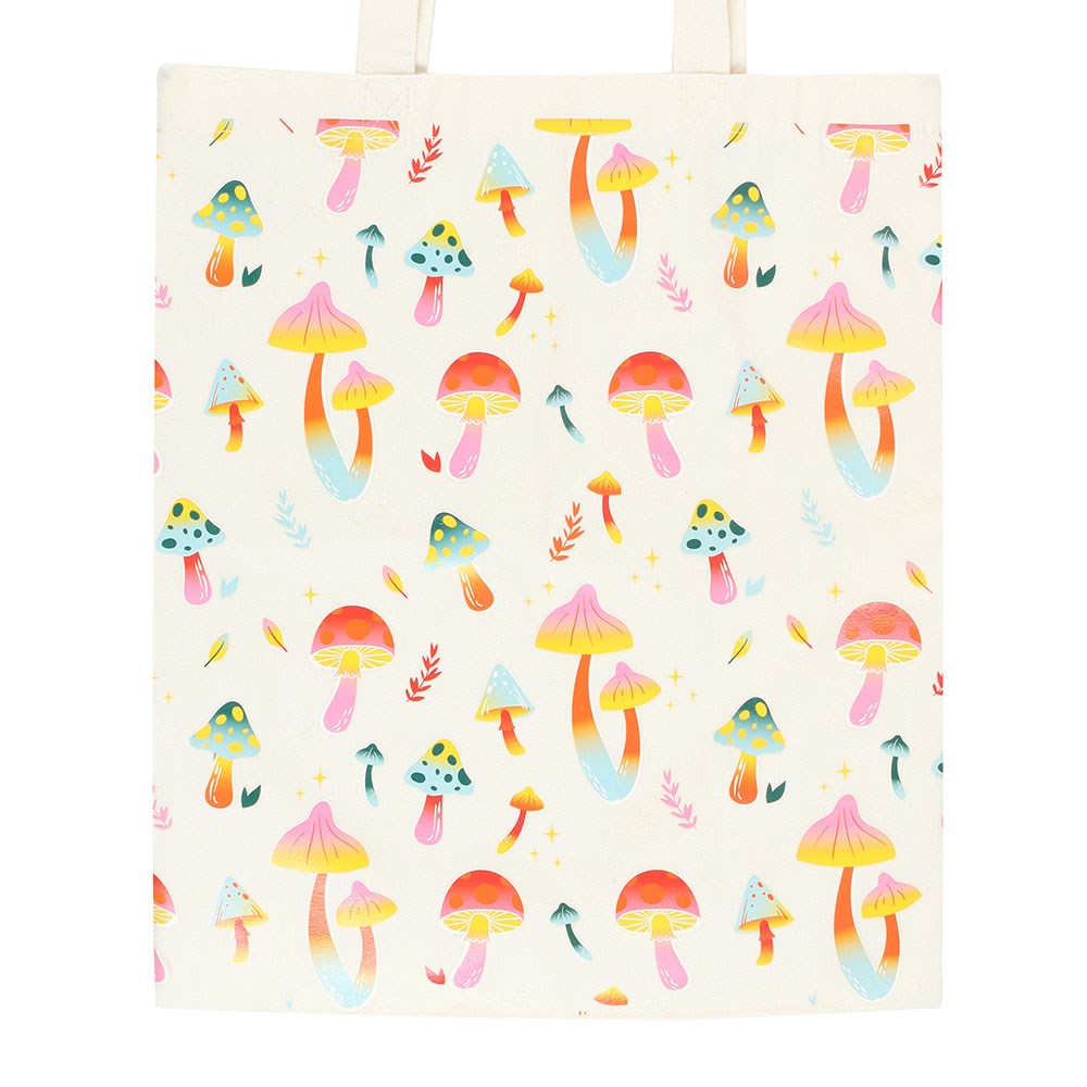 Tote bag with colourful mushroom pattern in pinks blues reds and oranges
