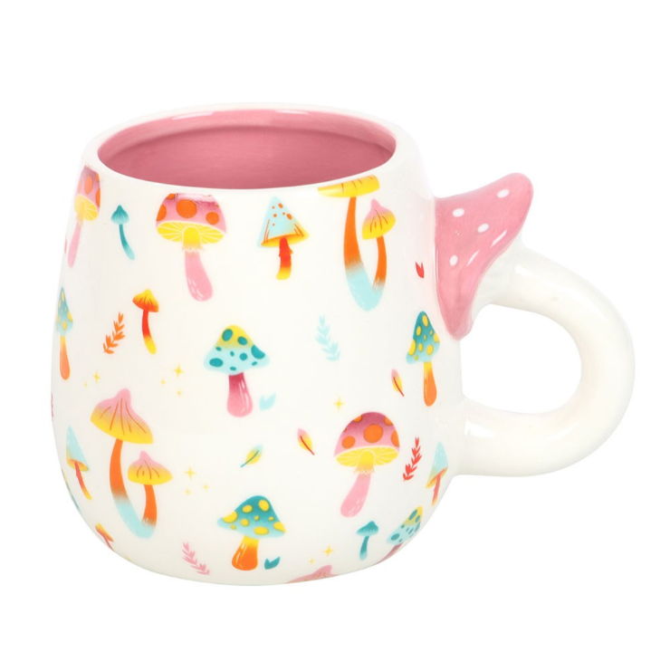 Funky Fungi Print Mug with Mushroom Handle pink orange yellow and blue