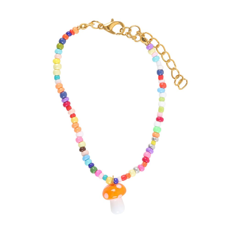 Funky Fungi Mushroom Beaded Charm Bracelet multicoloured beads and orange mushroom