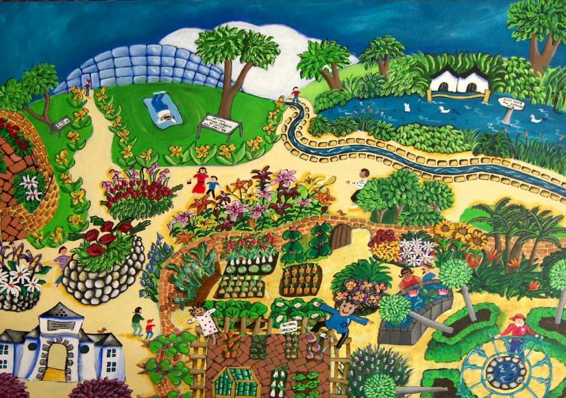 Gardening Greeting Card. National Botanical Gardens, Wales by Amanda Skipsey. A colourful and filled park scene with pond, walled kitchen garden, pathways and greens and flowers.