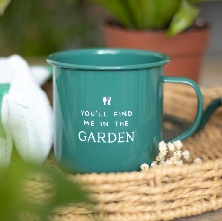Gardeners Mug - Find Me In The Garden Green Enamel Mug on a tray