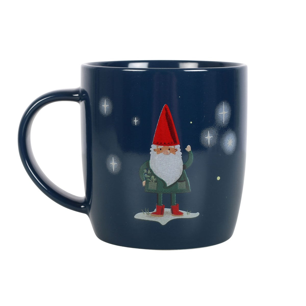Navy blue mug with a gnome illustration on a white background