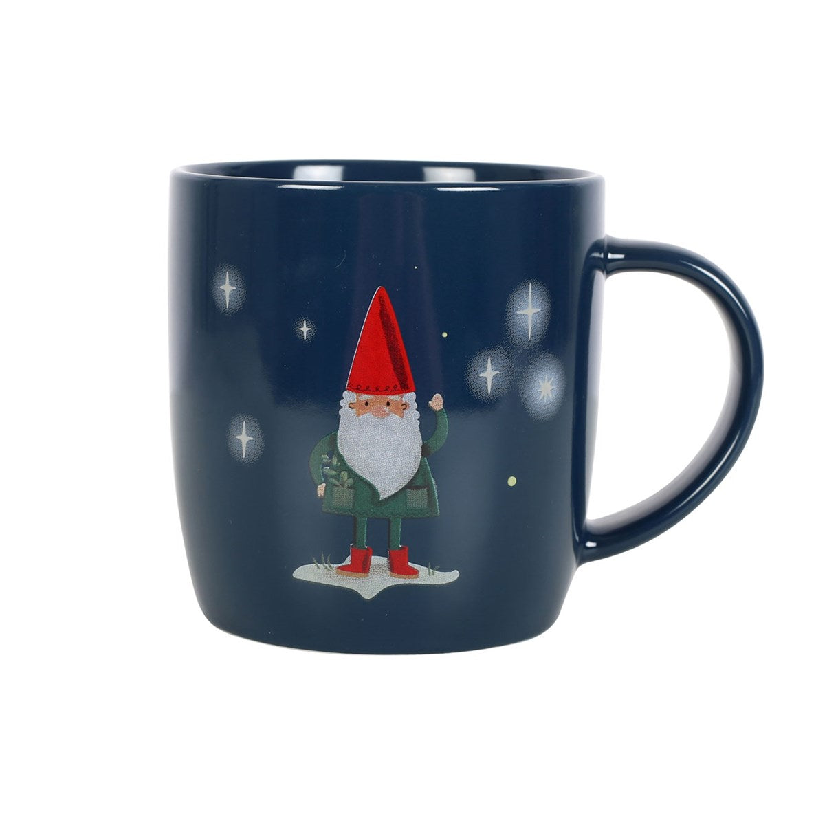 Navy blue mug with a gnome illustration on a white background