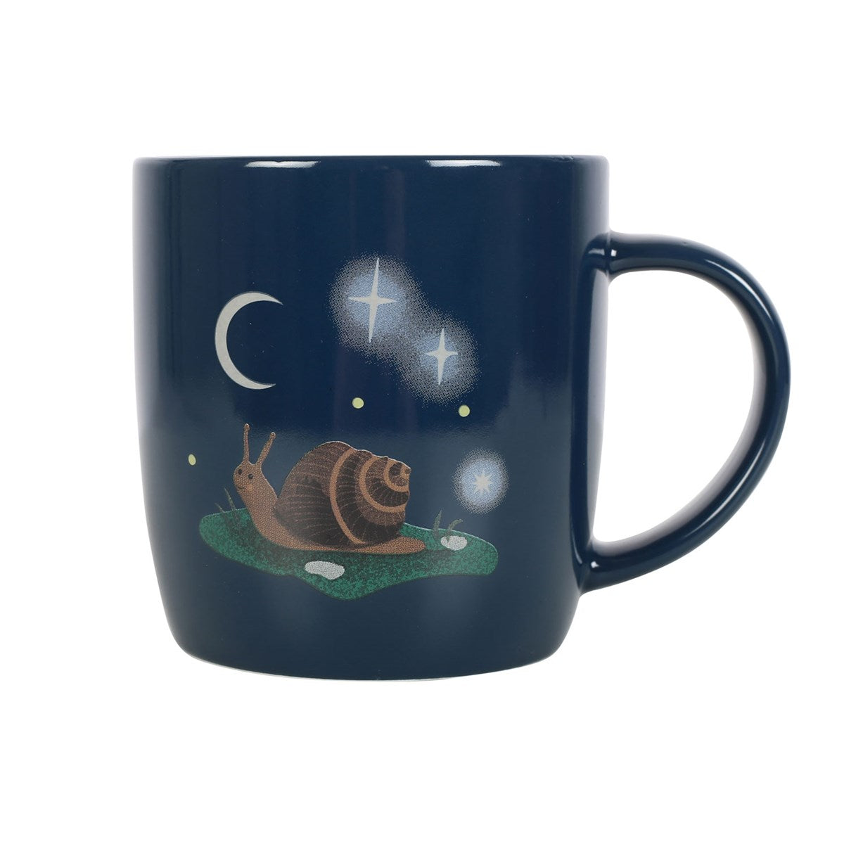 Navy blue mug with a snail and starry night design on a white background