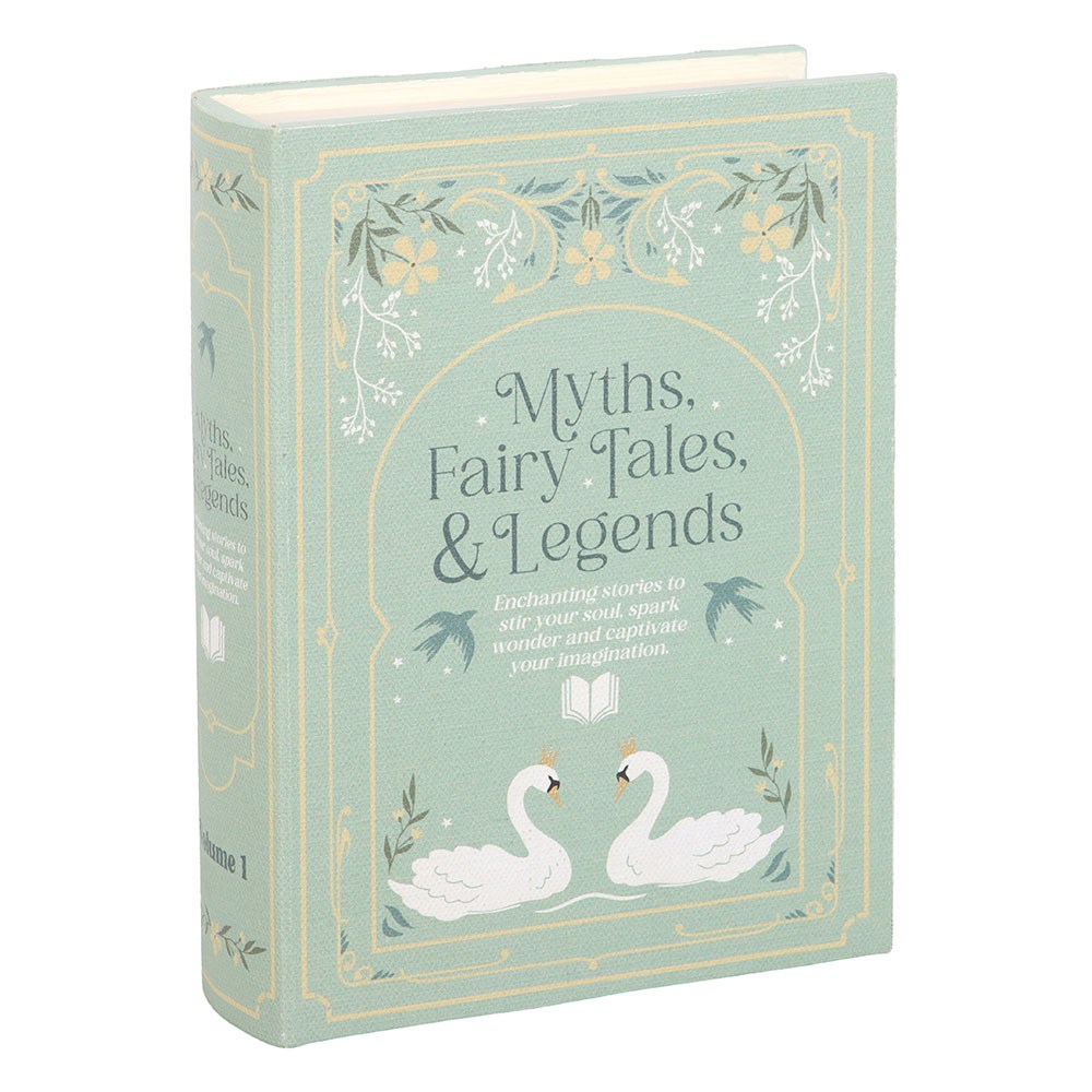 Book storage Box titled 'Myths, Fairy Tales, & Legends' with decorative cover featuring swans and floral elements.