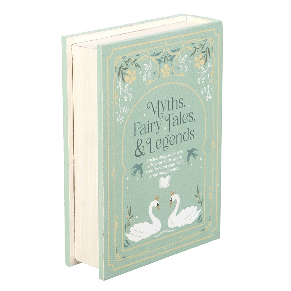 Decorative storage box book titled 'Myths, Fairy Tales & Legends' with swan illustrations on a light green background.
