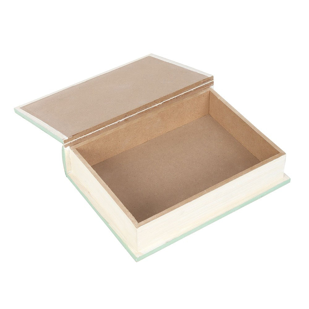 Open book box with a wood coloured interior on a white background