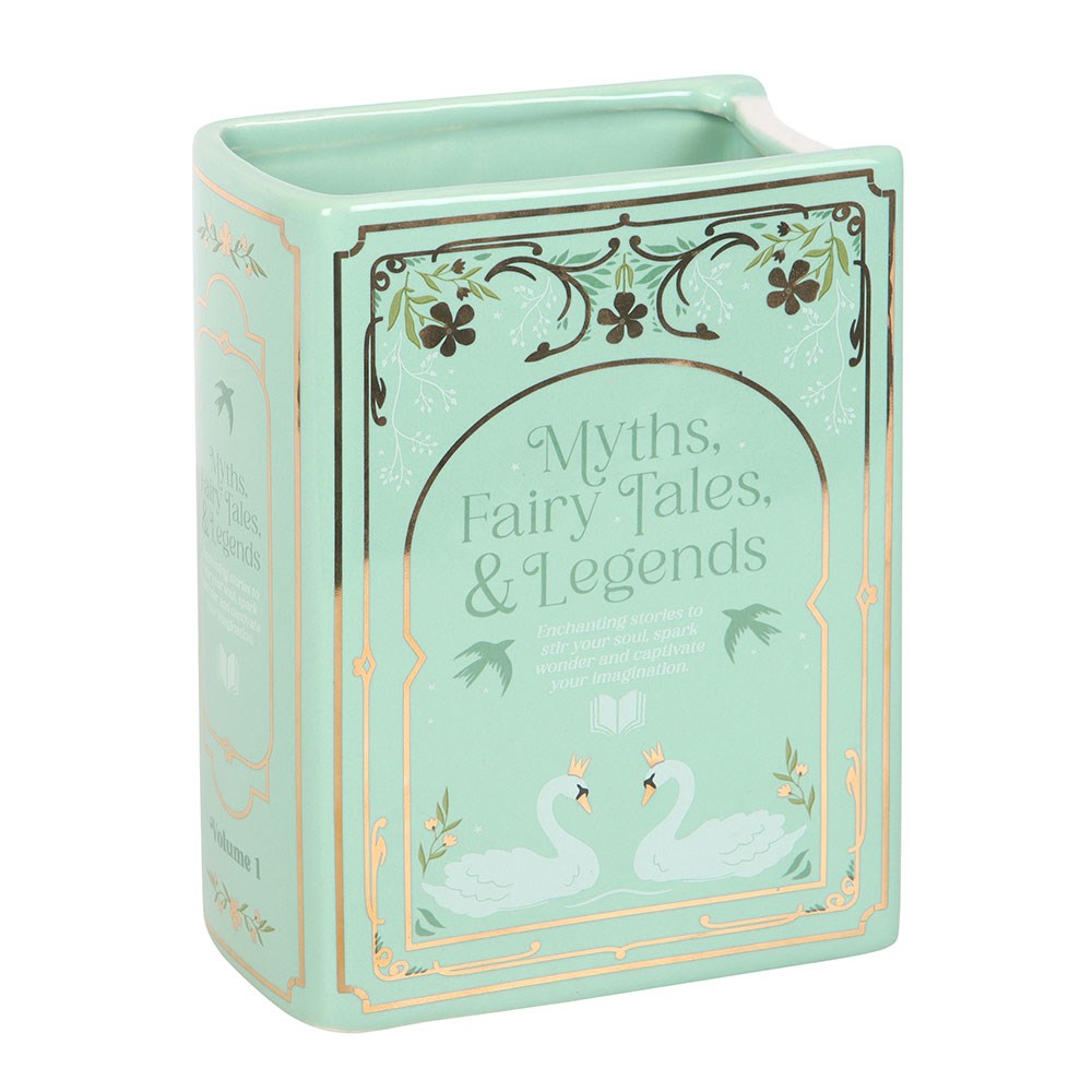 Mint sage green vase with 'Myths, Fairy Tales & Legends' text and swan illustrations on a white background
