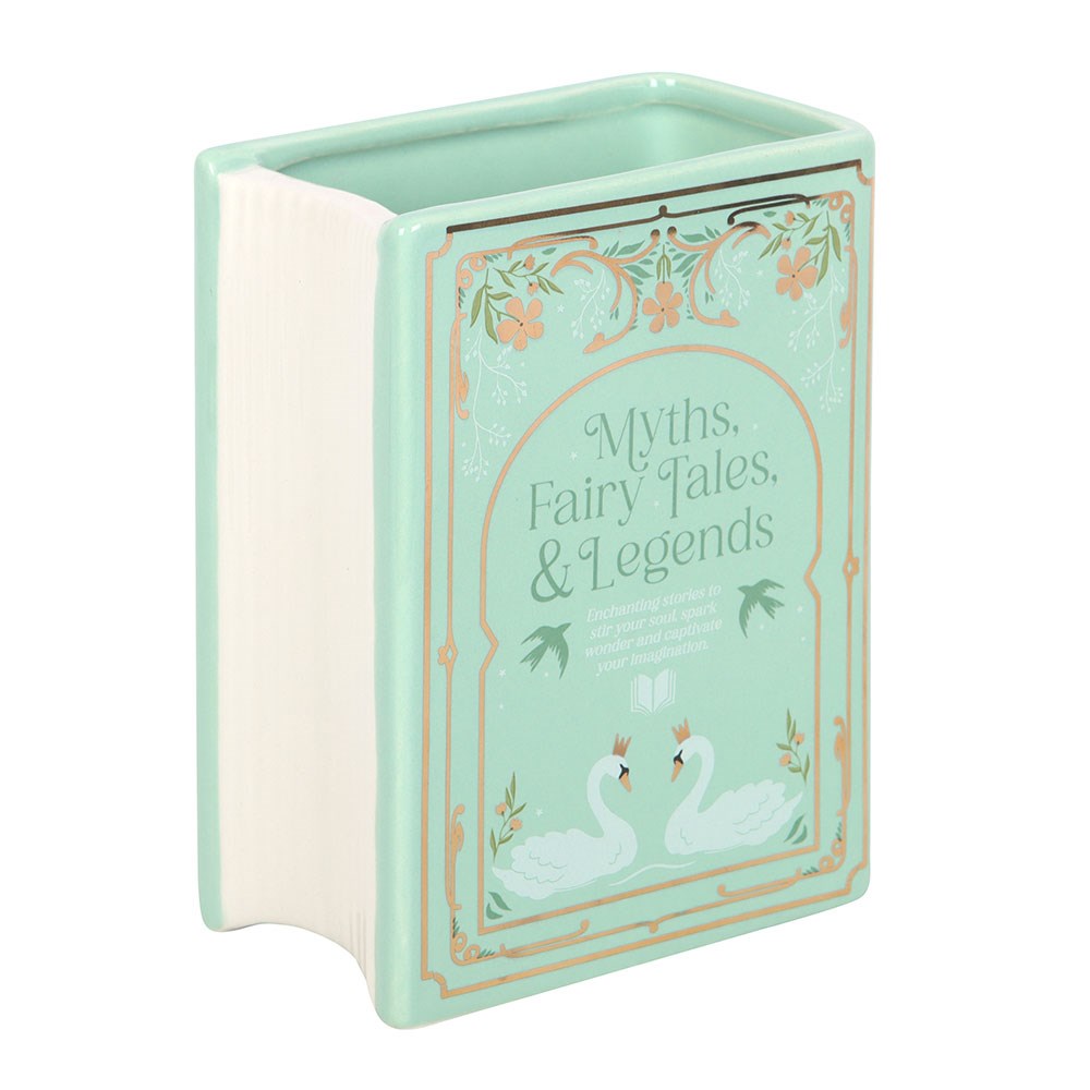vase container with 'Myths, Fairy Tales & Legends' text and swan illustration on a white background