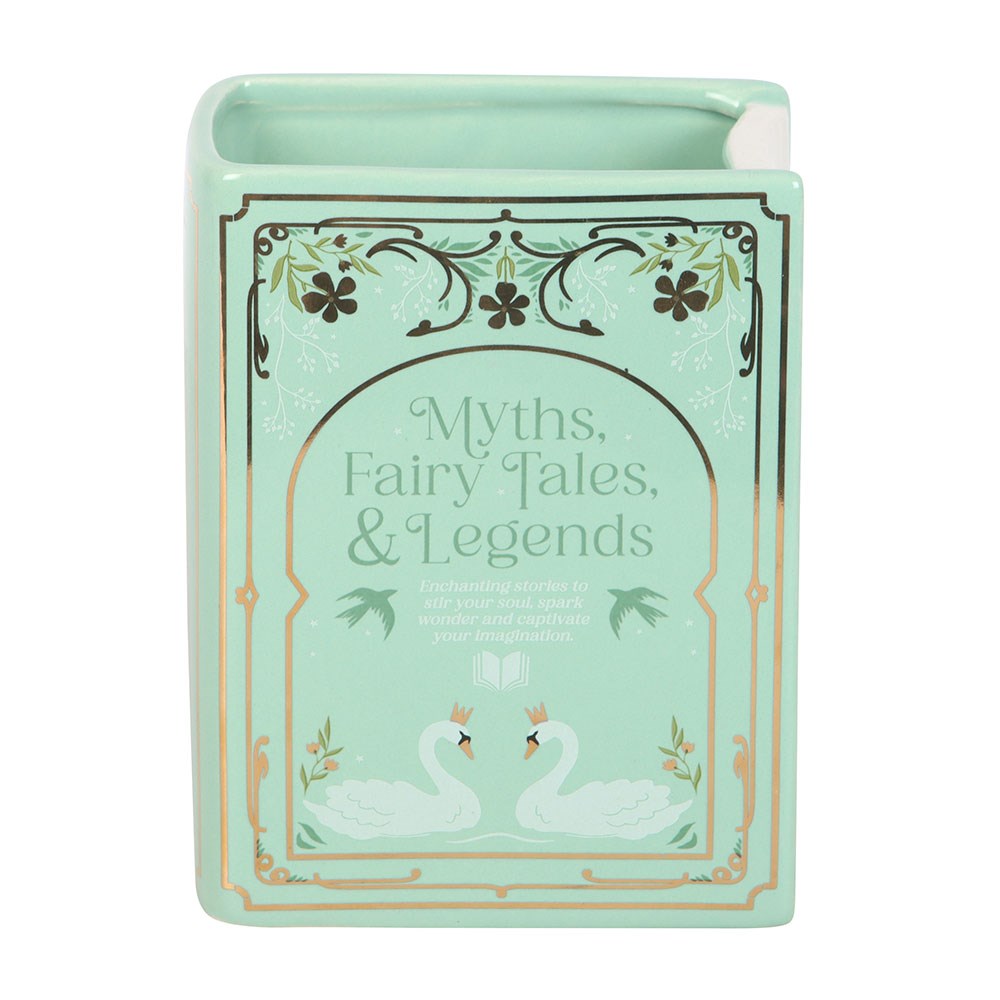 Mint sage green vase with 'Myths, Fairy Tales, & Legends' text and swan illustrations on a white background