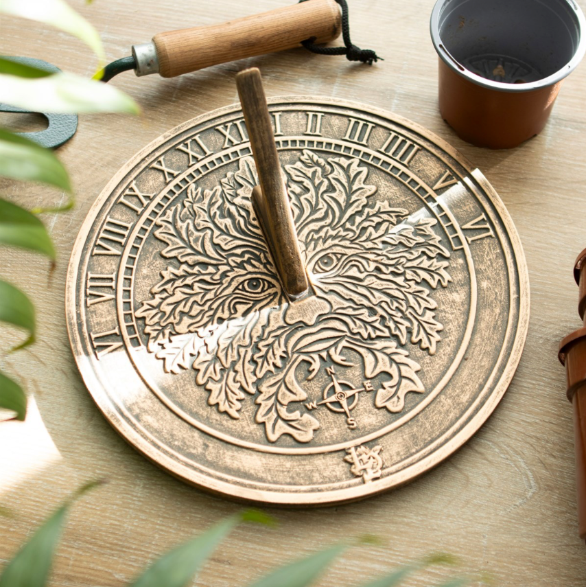 Green Man terracotta Sundial design by Lisa Parker rustic bronze colour