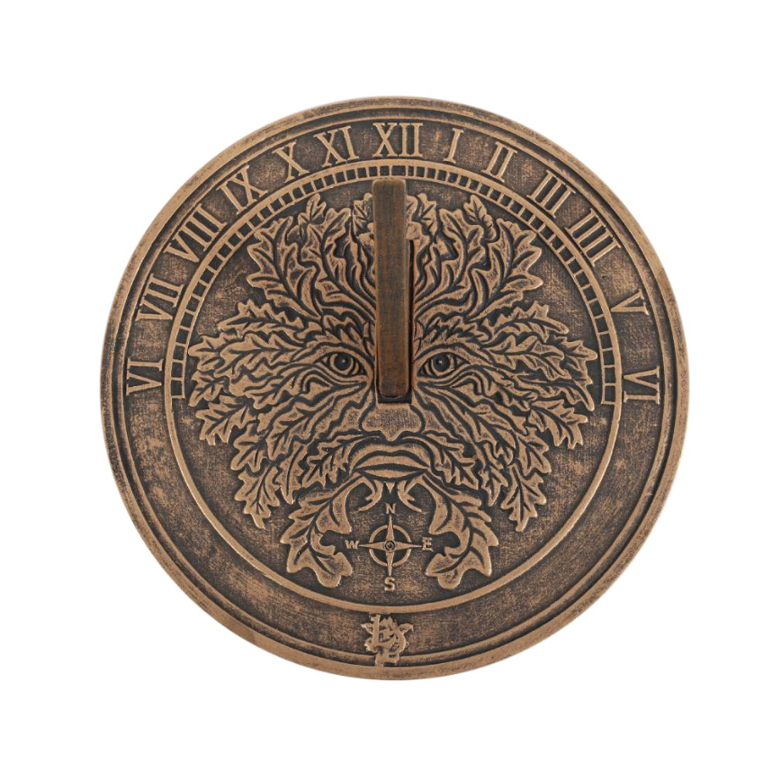 Green Man terracotta Sundial design by Lisa Parker rustic bronze colour front