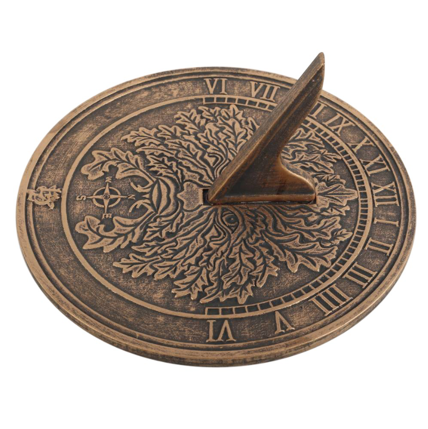 Green Man terracotta Sundial design by Lisa Parker rustic bronze colour side view